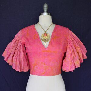 SIKA Milly anthropologie Top Puff Sleeve Ruffle Pink Orange Crop V Neck NWT $225